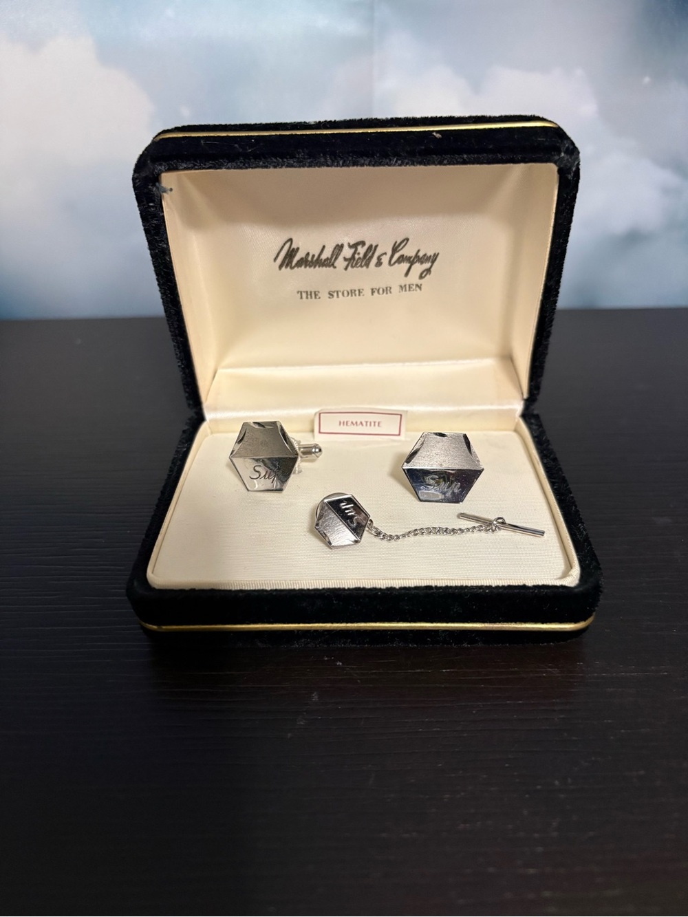 Marshall Field & Company hermatite cuff links and tie clip sterling silver. NIB